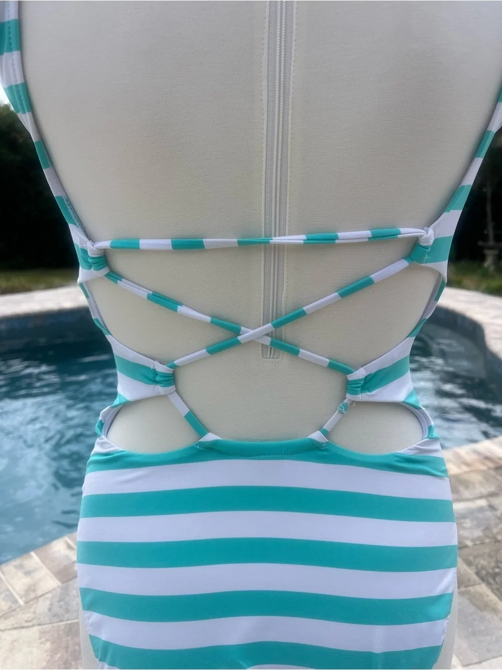 Polo by Ralph Lauren Aqua and White Striped One-Piece Swimsuit